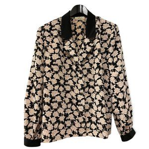 VINTAGE Black Cream Floral Print Shoulder Pad Jacket Blouse Large